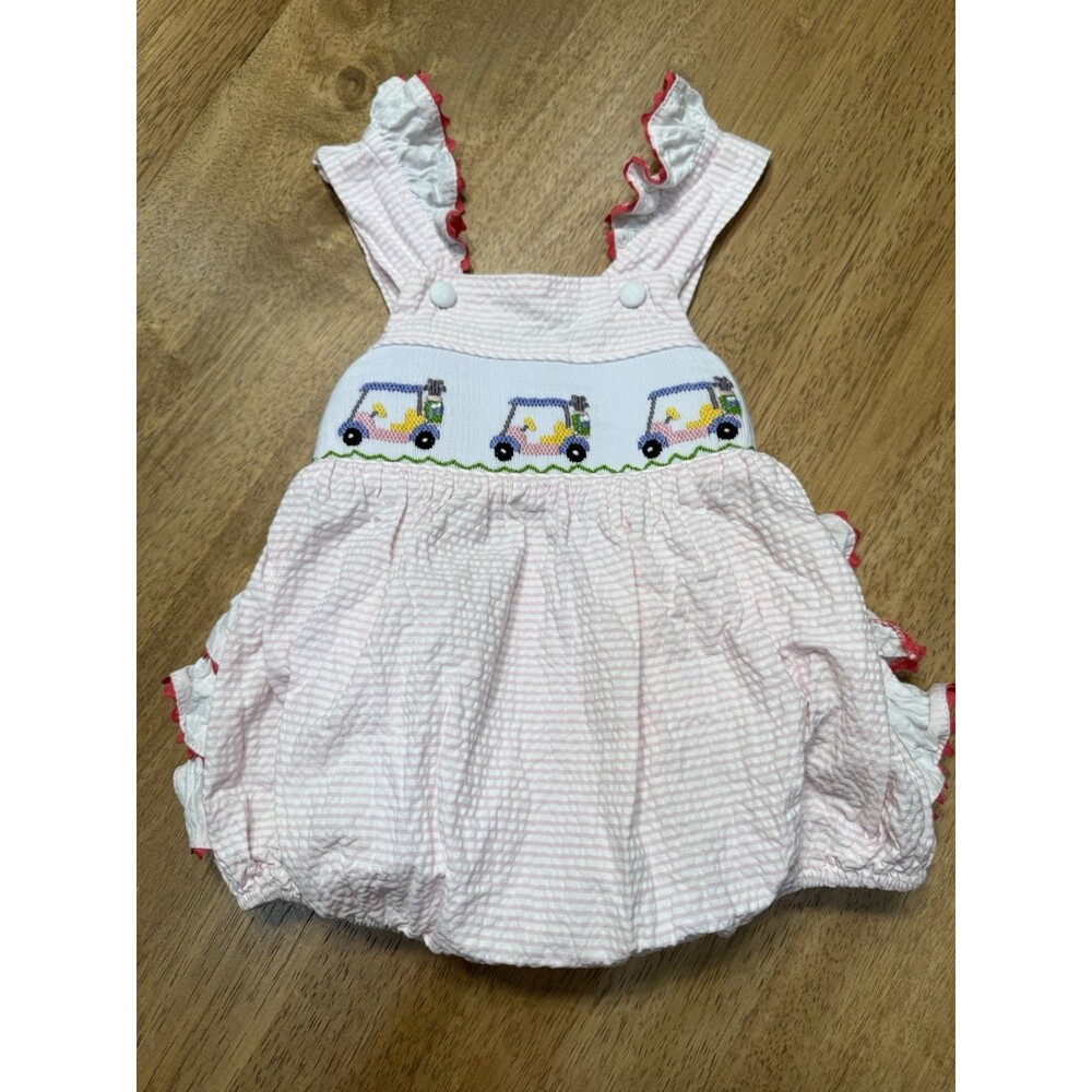 Classic Whimsy Golf Cart Smocked Bubble Romper Baby Girl 3-6mo Pink Seersucker